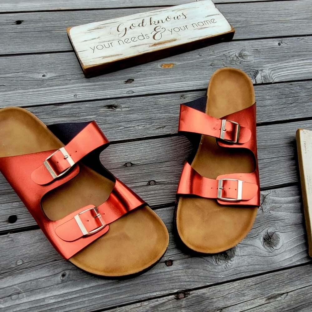 Metallic Red Two Band Sandals - Picture 8 of 9